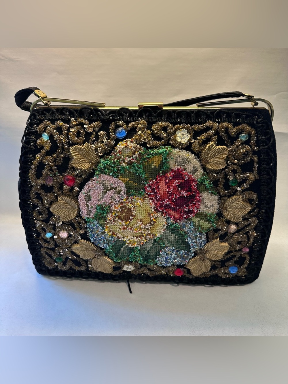 Vintage Caron Of Houston Beaded Needlepoint Box Bag Jeweled 1950s Display Purse
